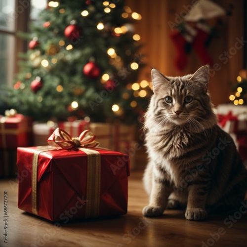 cat with gifts and christmas tree, Generative Ai