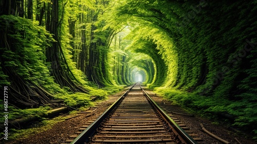 Long tunnel with railroad tracks and green foliage, ai generative