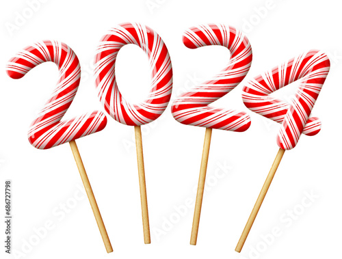 New Year 2024 in shape of candy on wooden stick. Year number of striped peppermint lollipops. Vector image for christmas, new years day, sweet-stuff, winter holiday, dessert, new years eve, etc