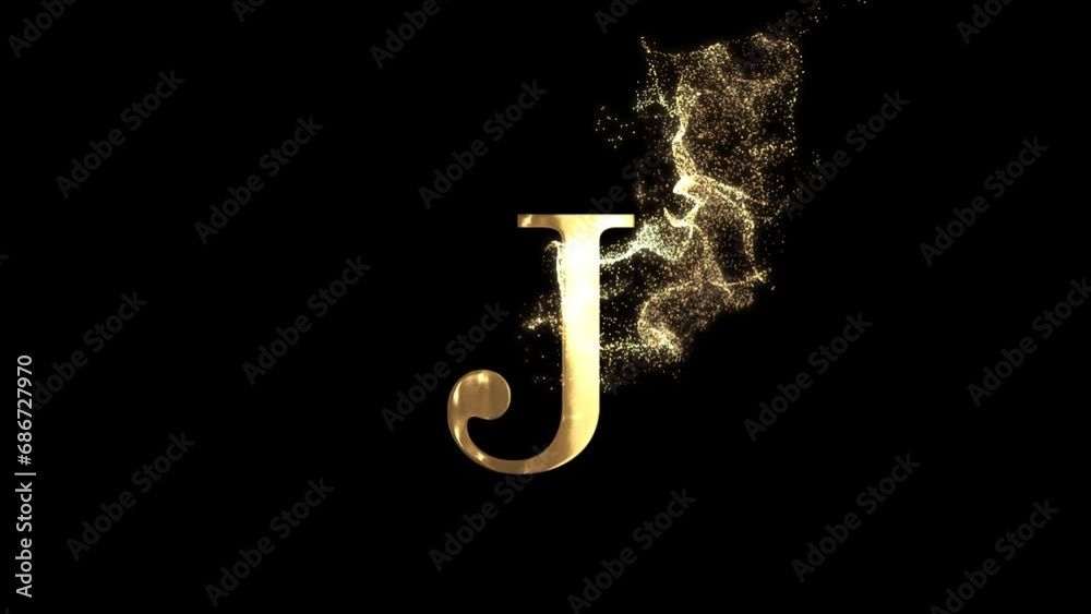 Golden letter J with particles, alphabet, abc, alpha channel