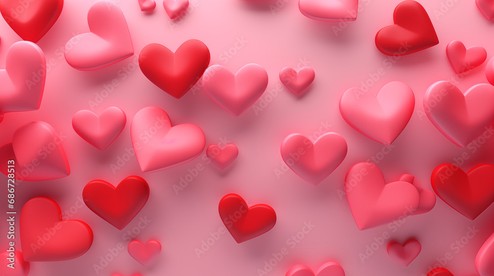 A background of floating red and pink 3D hearts in various sizes, creating a sense of depth, Hearts background, 3D style, Valentine’s Day, with copy space A background of floating red and pink 3D hearts in various sizes, creating a sense of depth, Hearts background, 3D style, Valentine’s Day, with copy space