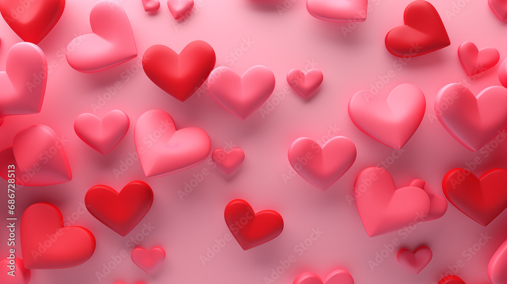 A background of floating red and pink 3D hearts in various sizes, creating a sense of depth, Hearts background, 3D style, Valentine’s Day, with copy space