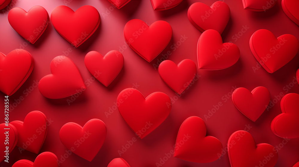 A wall of bright red 3D hearts casting soft shadows, symbolizing depth of love, Hearts background, 3D style, Valentine’s Day, with copy space