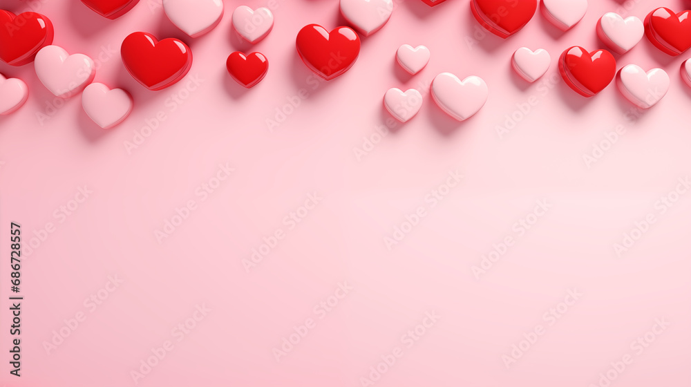 A playful pattern of 3D hearts in pink and red, appearing to bounce across the screen, Hearts background, 3D style, Valentine’s Day, with copy space