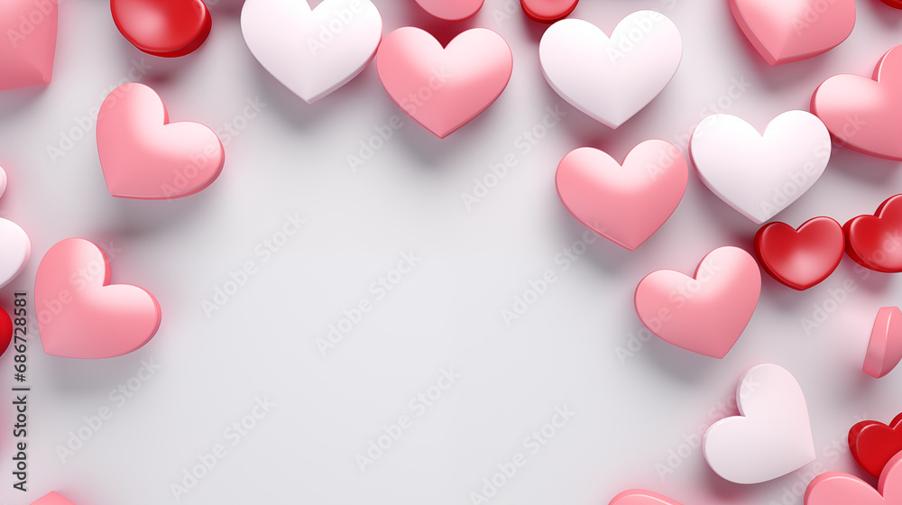A minimalist design with a single large 3D heart in the center, surrounded by smaller hearts, Hearts background, 3D style, Valentine’s Day, with copy space - obrazy, fototapety, plakaty 