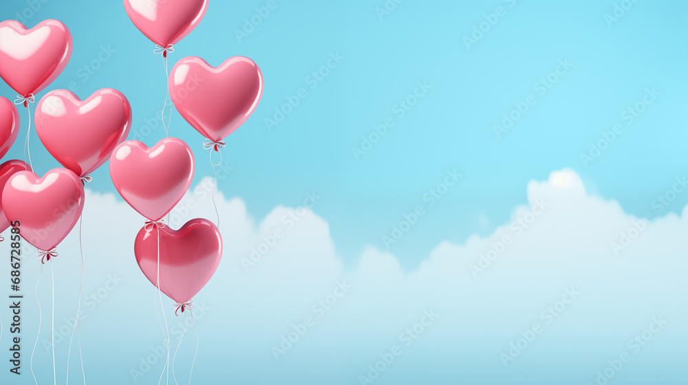 A romantic scene with 3D hearts floating like balloons against a sky-blue background, Hearts background, 3D style, Valentine’s Day, with copy space