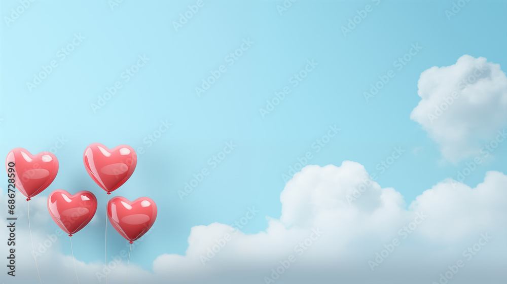 A romantic scene with 3D hearts floating like balloons against a sky-blue background, Hearts background, 3D style, Valentine’s Day, with copy space