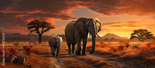 a group of elephants in the African savanna. a view of wild animal life in the wild