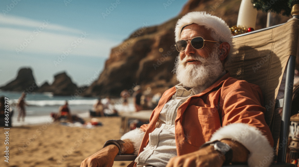 Portrait of senior man in santa claus clothes sitting in hammock on the beach.