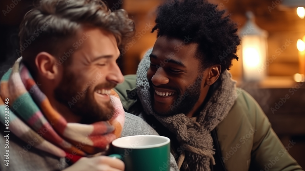 Two men sharing a cozy moment with hot cocoa in front of a fireplace, happy LGBT couple, Valentine’s Day, bokeh, with copy space