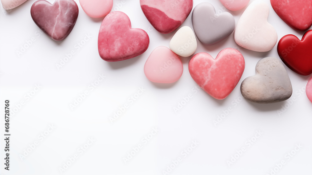 A collection of heart-shaped stones arranged on a white surface, valentine's day symbols, Valentine’s Day, white background, with copy space A collection of heart-shaped stones arranged on a white surface, valentine's day symbols, Valentine’s Day, white background, with copy space