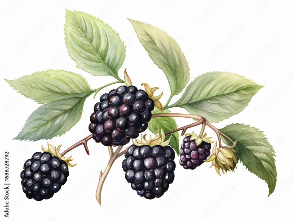 Blackberries with Leaves. Watercolour Illustration of Fresh Ripe Black berry Isolated on White. Blackberries with Leaves. Watercolour Illustration of Fresh Ripe Black berry Isolated on White.