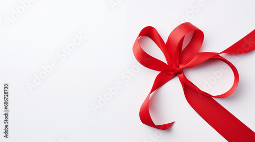 A heart made out of red ribbon, unspooled on a white surface, valentine's day symbols, Valentine’s Day, white background, with copy space