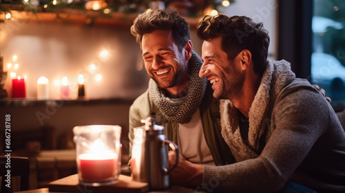Two men sharing a cozy moment with hot cocoa in front of a fireplace, happy LGBT couple, Valentine’s Day, bokeh, with copy space