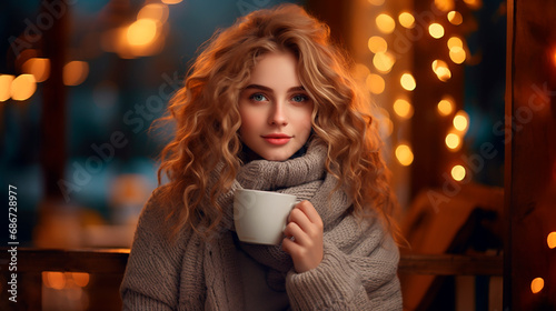 portrait of a woman in a scarf with a cup of coffee