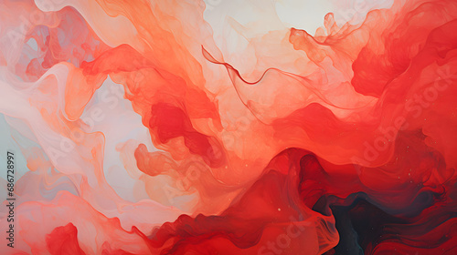 Beautiful abstraction of liquid red paints in slow blending flow mixing together gently