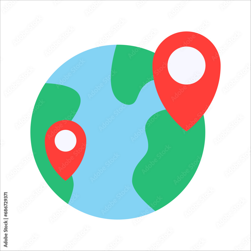 Global world map with geo location pins vector icon. Simple flat GPS, vector illustration on white background Global world map with geo location pins vector icon. Simple flat GPS, vector illustration on white background