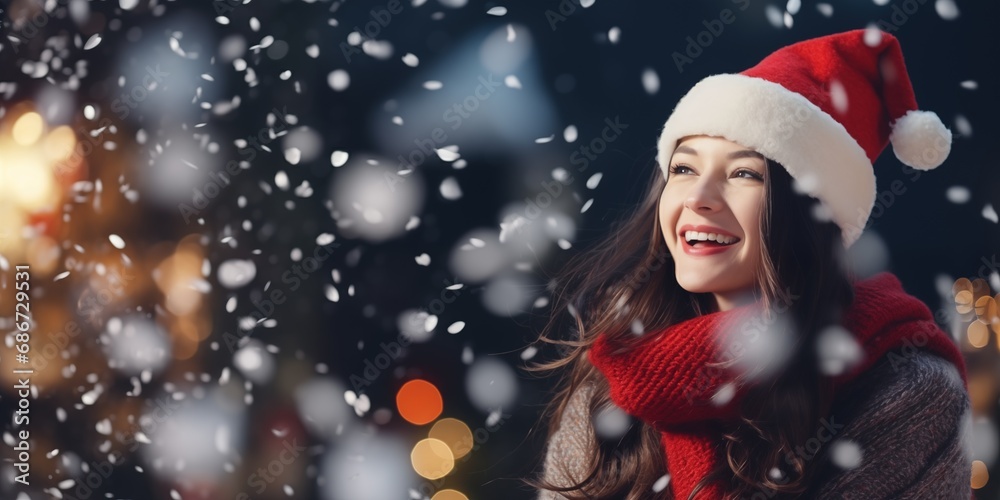 Beautiful young woman wearing Santa's hat, having fun at a New Year's Eve party, blowing away confetti, generative ai Beautiful young woman wearing Santa's hat, having fun at a New Year's Eve party, blowing away confetti, generative ai