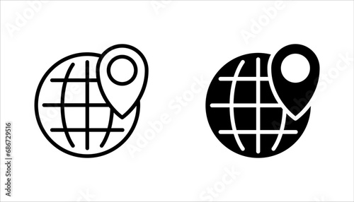 Globe web icon and location pin. Planet earth icon with pointer pin. vector illustration on white background