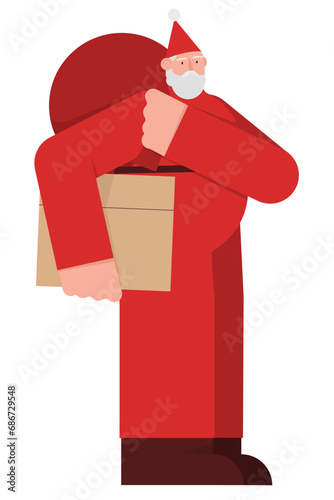 Santa Claus with a big bag and box delivers gifts (ID: 686729548)
