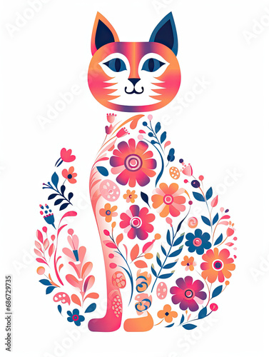 Illustration of a floral pattern cat silhouette