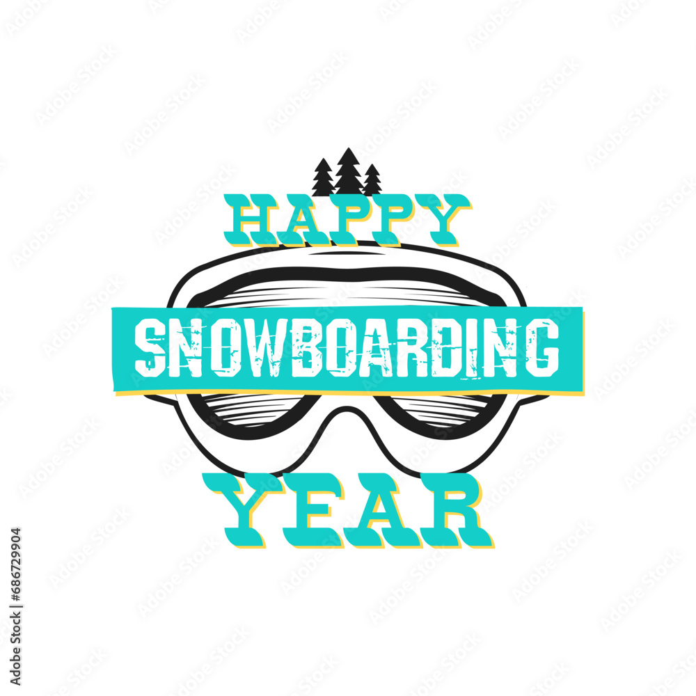 Obraz premium Snowboard logo design graphics. Happy snowboarding year label. Winter badge with glasses. Stock vector insignia