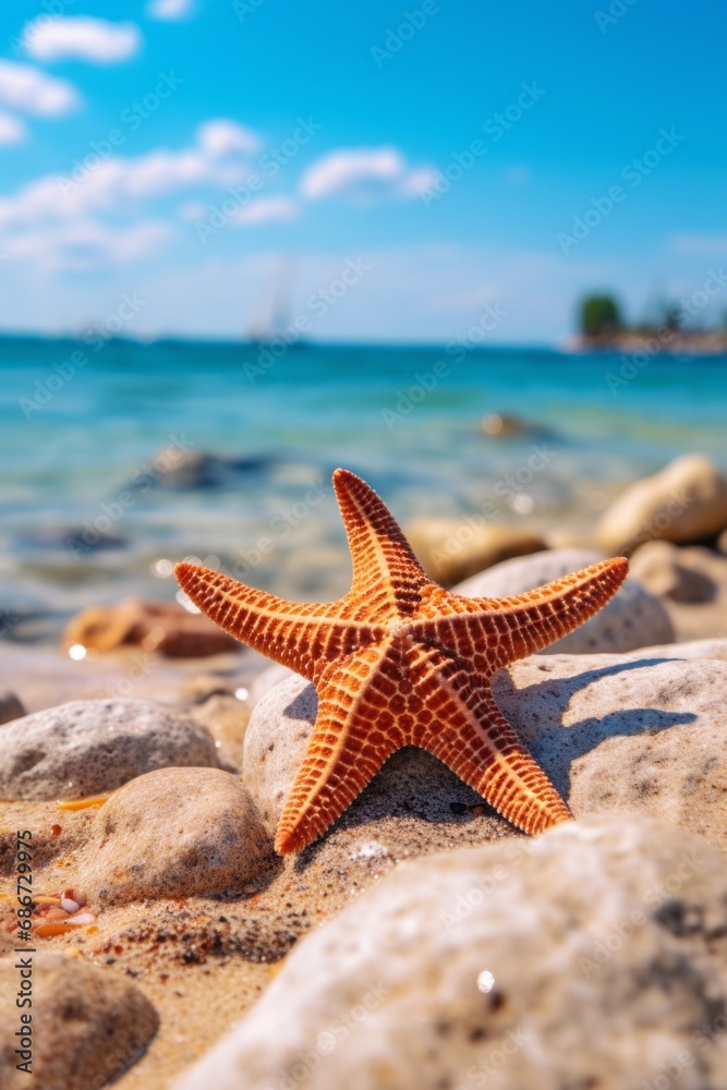 Orange Starfish Resting on Sandy Beach Rock Orange Starfish Resting on Sandy Beach Rock
