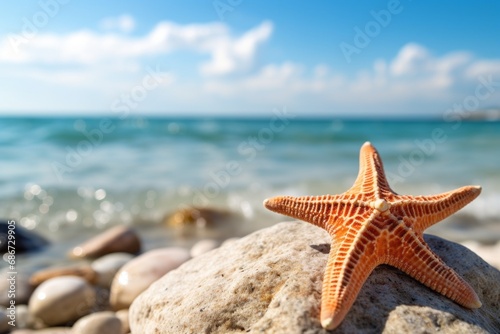 Orange Starfish Resting on Sandy Beach Rock