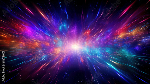 Abstract 3D background with neon rays explosion. AI generated illustration.