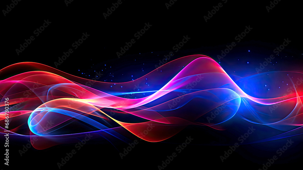 Fototapeta premium Abstract 3D background with blue and purple neon waves in motion. AI generated illustration.