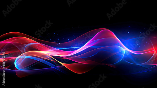 Abstract 3D background with blue and purple neon waves in motion. AI generated illustration.
