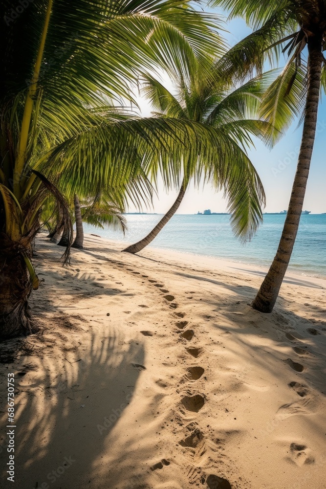 Tropical Beach Scene with Palm Trees, Footprints