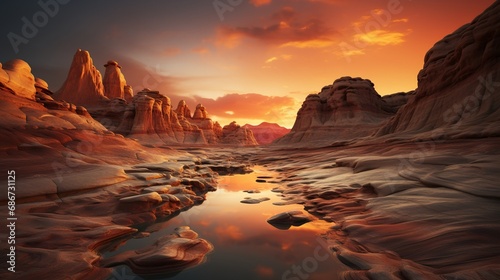 Dry cracked earth in desert at sunset