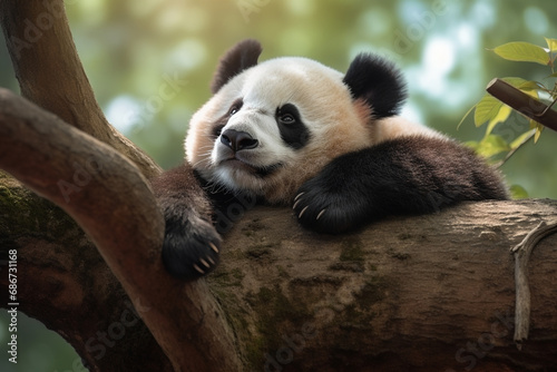 A giant panda is lying on tree