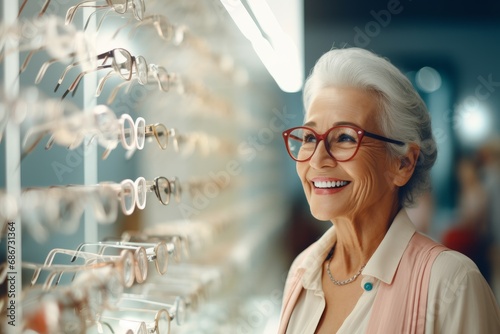 An elderly gray-haired woman chooses glasses in an optics store. photo