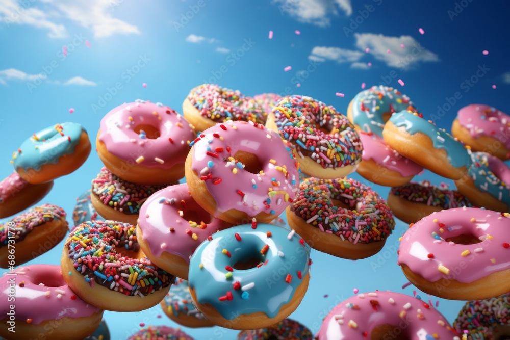 Flying through the air, a multitude of sweets, donuts glazed with icing and chocolate, generously adorned with colorful sprinkles. Flying through the air, a multitude of sweets, donuts glazed with icing and chocolate, generously adorned with colorful sprinkles.