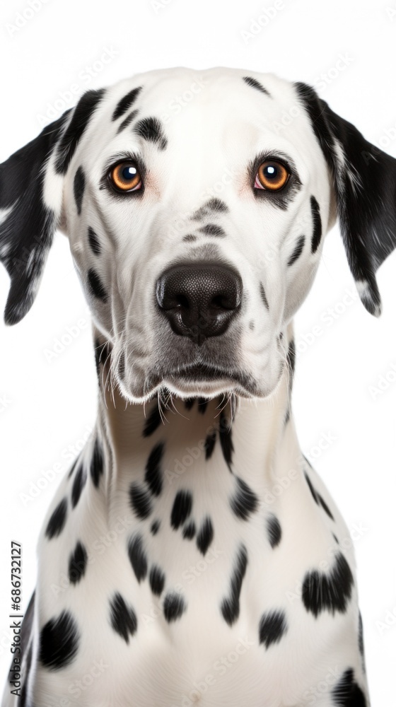A close up of a dalmatian dog's face