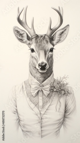 A drawing of a deer wearing a bow tie
