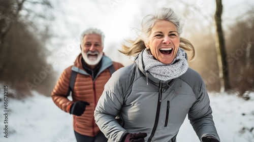 Рappy aging senior couple elderly man and woman running on a road on snowy countryside field leading active lifestyle