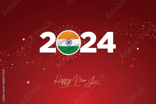 Colorful Happy New Year Festival Design Banner, New Year 2024 Logo with Indian Flag on Red-Maroon Confetti and star Background, Calendar 2024, Social Media New Year Banner, Post Card, Greetings