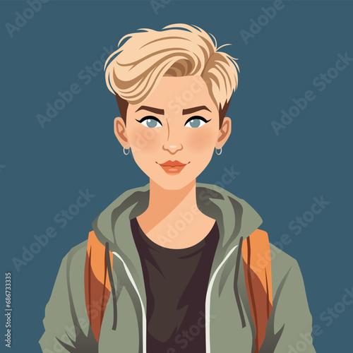 A young confident girl with a serious look, with a short haircut and wearing a sweatshirt. Concept feminist, diversity, androgyne. Flat vector illustration.