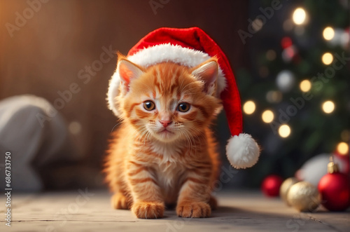  cat in christmas hat. cute red kitten in a Santa Claus hat. new year concept