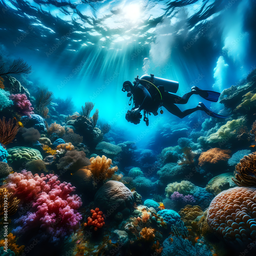 Scuba diver exploring a coral reef