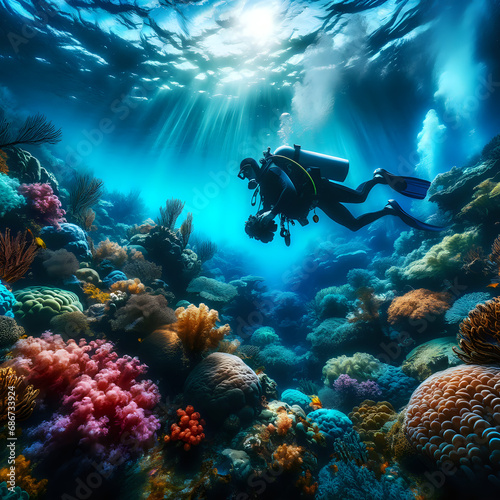 Scuba diver exploring a coral reef