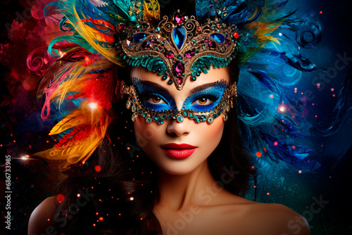Young woman in an elegant and bright carnival mask