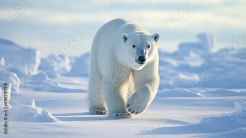 A majestic polar bear traversing a vast snowy expanse, its pristine white fur blending with the Arctic surroundings.