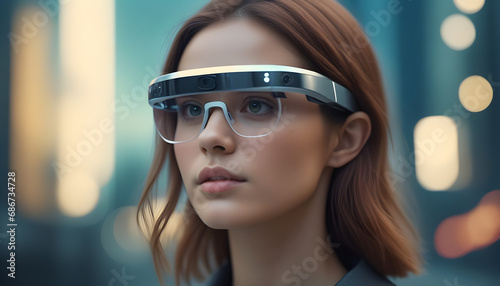 Woman with futuristic tablet in hand. Female using VR glasses. Augmented reality, future technology concept Futuristic holographic interface to display data  created with generative ai © Chaudhry