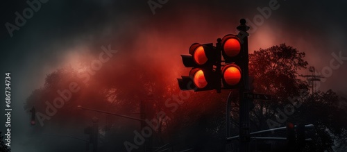 display Red traffic lights glowing in the evening fog