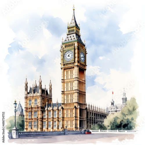 Watercolor Big Ben single white background. AI generate illustration