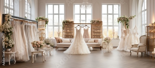 Elegant wedding dresses and shoes with bouquets displayed in the bridal dressing room photo